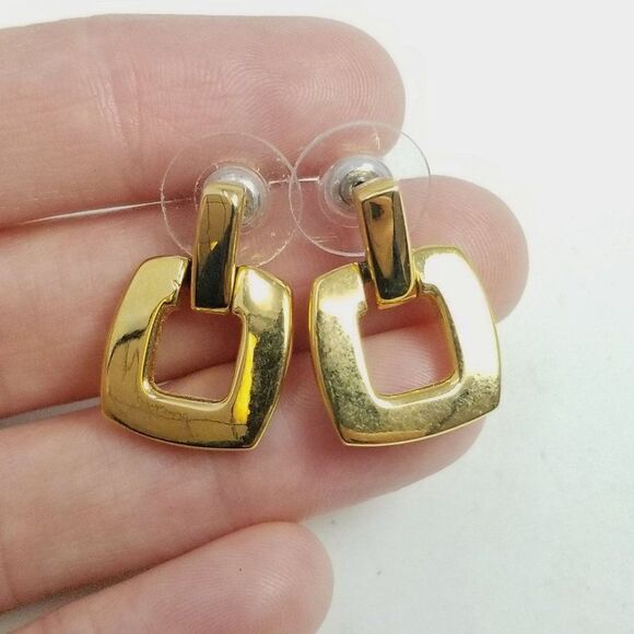 Vintage Anne Klein Gold Tone Square Door Knocker Dangle Stud Earrings, Estate - Picture 6 of 7